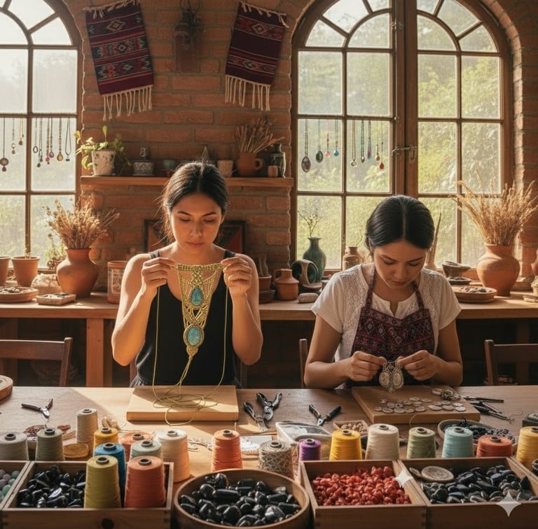 Artesanas mexicanas haciendo joyería con piedras preciosas y macramé.