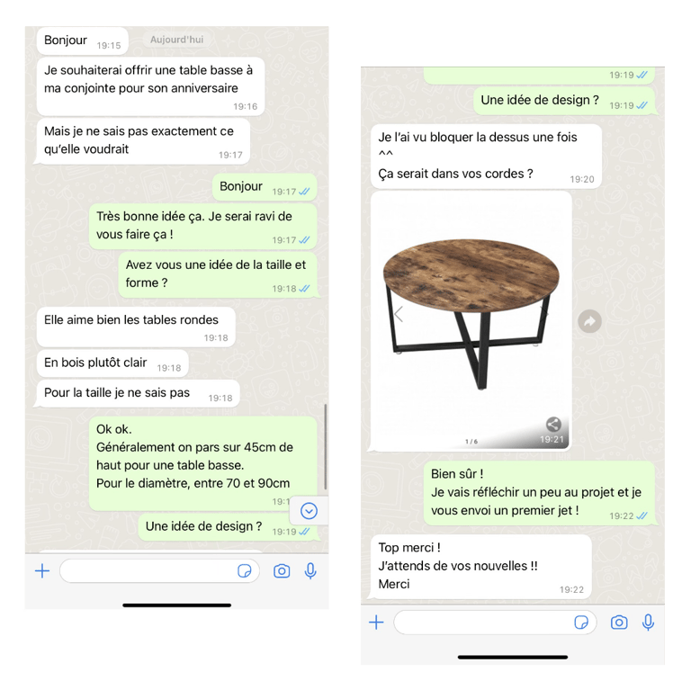Capture d'écran illustrant les échanges entre l'artisan et le client