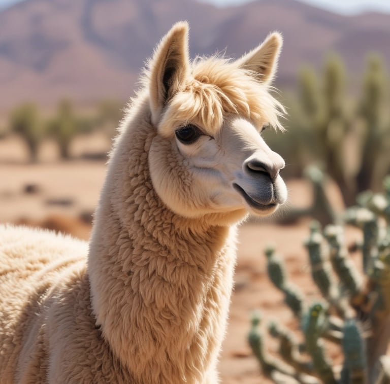 Close-up portrait of a fluffy white alpaca in a desert landscape with cacti and mountains.