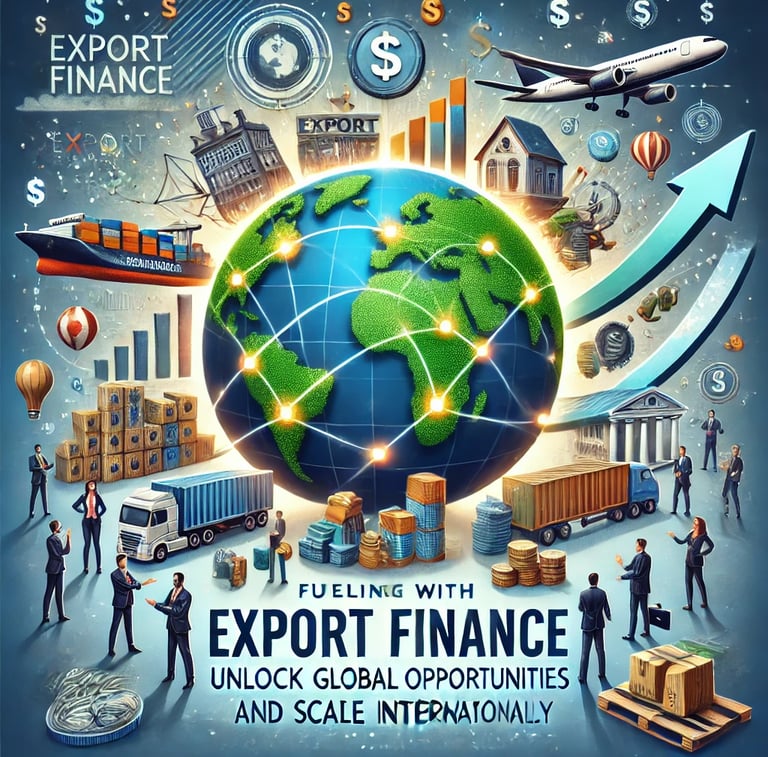 Illustration of Export Finance: A 3D globe with trade routes. Icons represent Invoice Discounting