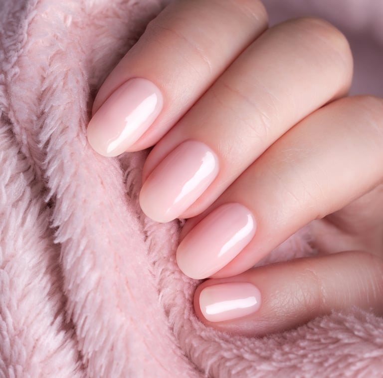 Uñas con base rubber color rosa pastel, acabado uniforme y efecto de brillo saludable sobre fondo ro