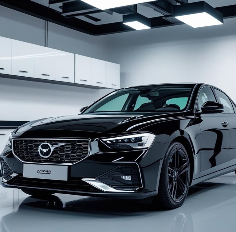 a black car in a modern garage
