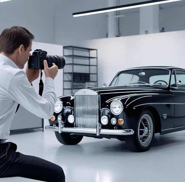 a man taking a picture of a oldtimer in a garage