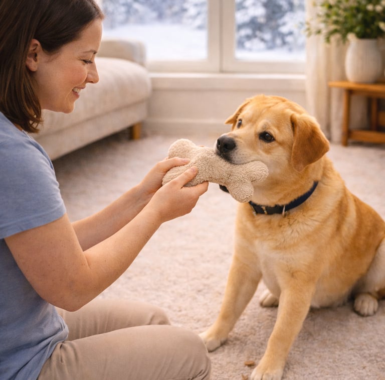 Pet sitter playing with dog indoors