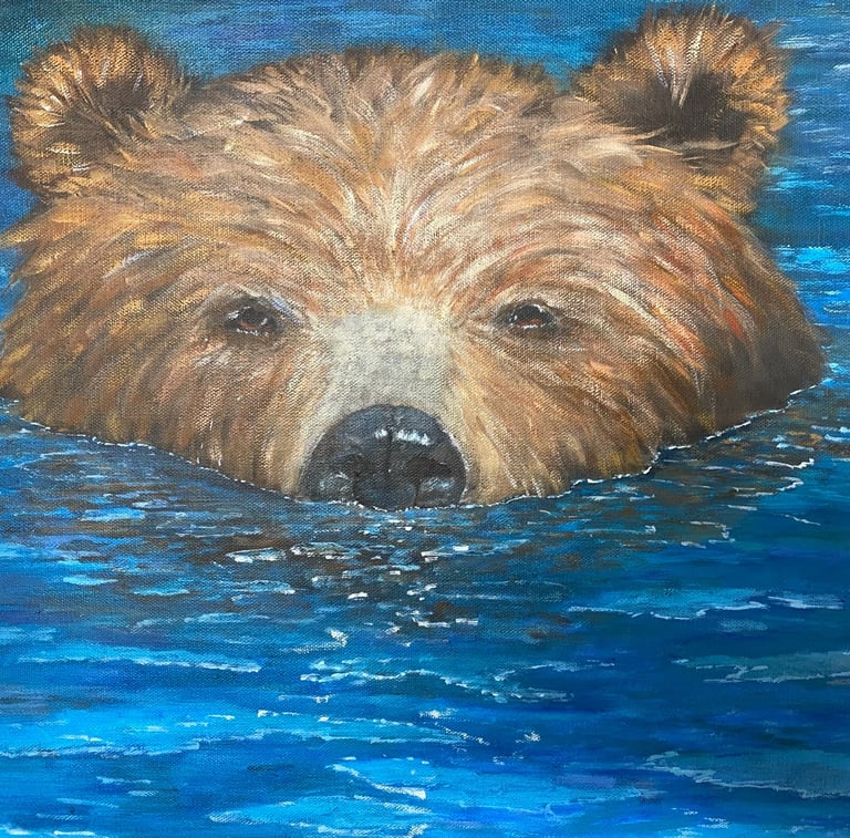 Bear swimming in ocean.  Cute bear looking above water. Acrylic painting Blue colours