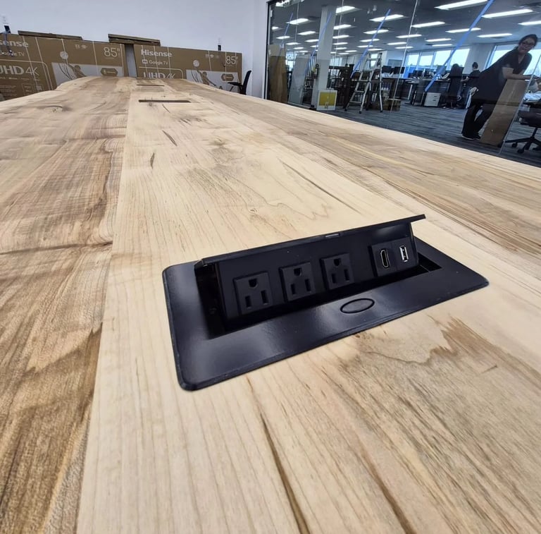 21ft maple boardroom table — grain and finish detail, hand-selected solid maple slab