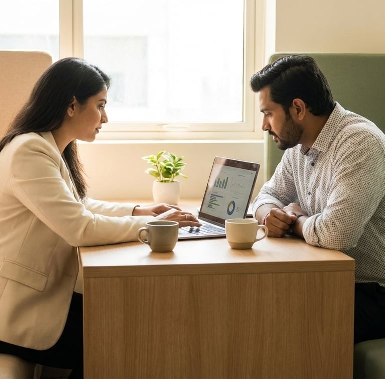 A consultant from Shavi Consulting reviewing HR documents with startup founder