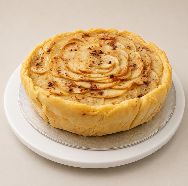 una tarta de manzana artesanal espolvoreada con canela en una base blanca