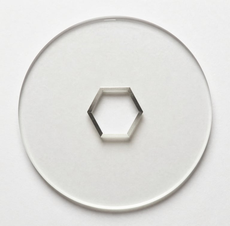 A silver hexagonal nut centered on a clear circular glass plate with a white background.