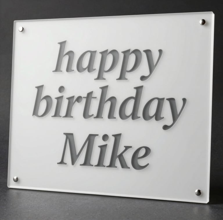 Personalized frosted acrylic sign with Happy Birthday Mike engraved in elegant serif typography.