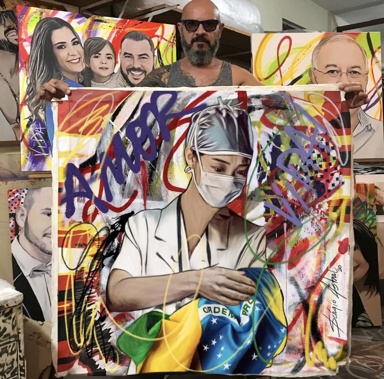 a man holding a painting of a woman with a mask on
