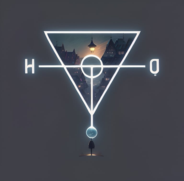 a man standing in front of a triangle symbol with houses inside