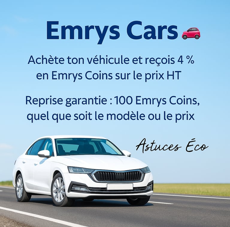 Visuel promotionnel Emrys Cars montrant une voiture moderne sur une route avec un ciel bleu, présentant le service Emrys qui