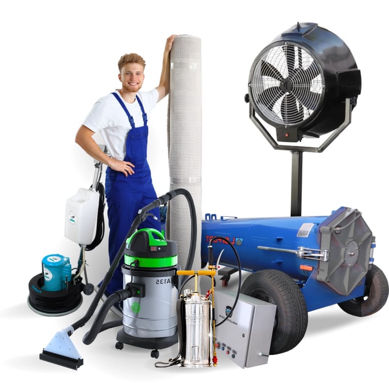 Profissional segurando um tapete embalado ao lado de equipamentos de limpeza, incluindo uma extratora e uma centrífuga