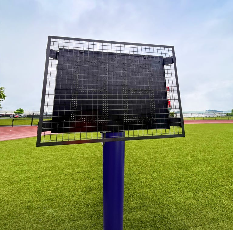 Outdoor field timer with wire mesh protective screen for Fairplay T-830 scoreboard on athletic field