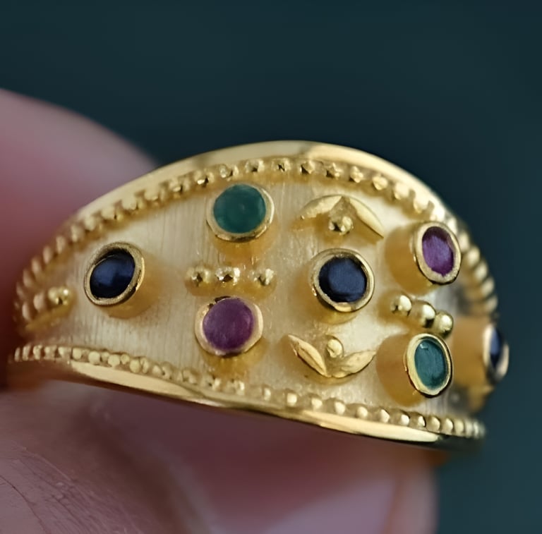 Etruscan Revival Ring. Round Cut Diamond. 18K Gold Plated Over 925 Sterling Silver  Band
