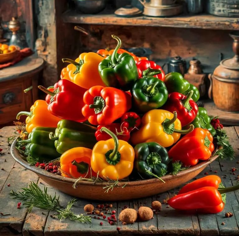 Plateau de Poivrons Multicolores dans une Cuisine Campagnarde