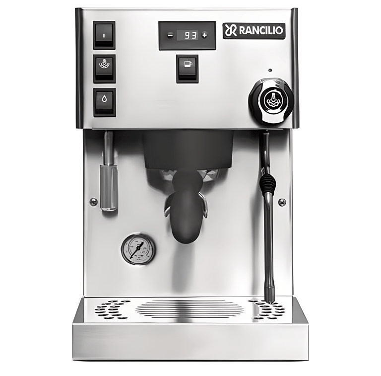Stainless steel Rancilio Silvia Pro X espresso machine with dual boilers and digital PID display.
