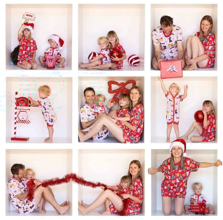Family Christmas portrait photography session in matching pyjamas at In The Box Studio Perth