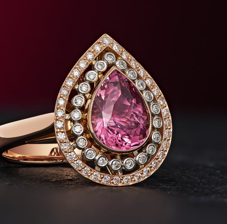 Jewellery product photography - a pink diamond ring with a pink tourmaline