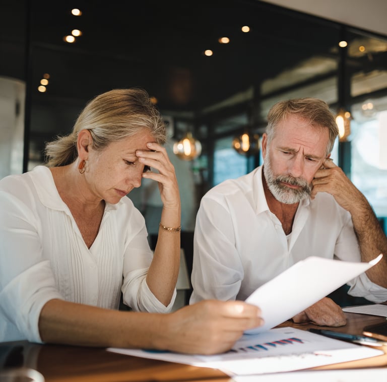 a man and woman sitting at a table with papers