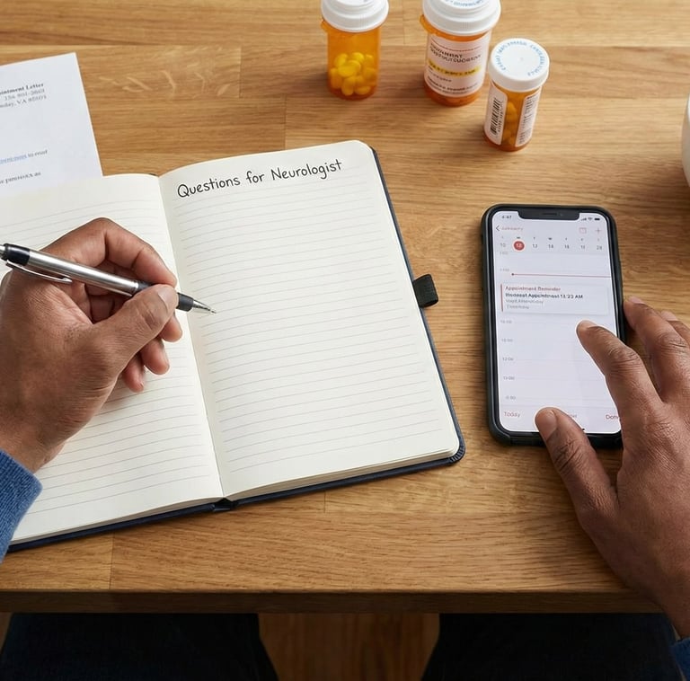 A top-down photograph captures a person's hands on a wooden table. One hand holds a pen over a notebook