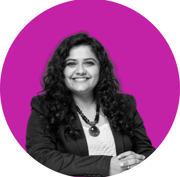 a woman in a black and white photo with a purple background