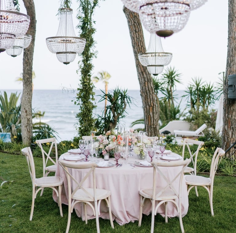 Destination wedding setup in the seaside gardens of Villa El Rincon in Marbella