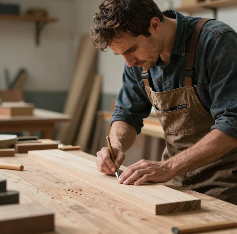 A cozy workshop with wooden furniture pieces and tools, highlighting craftsmanship.
