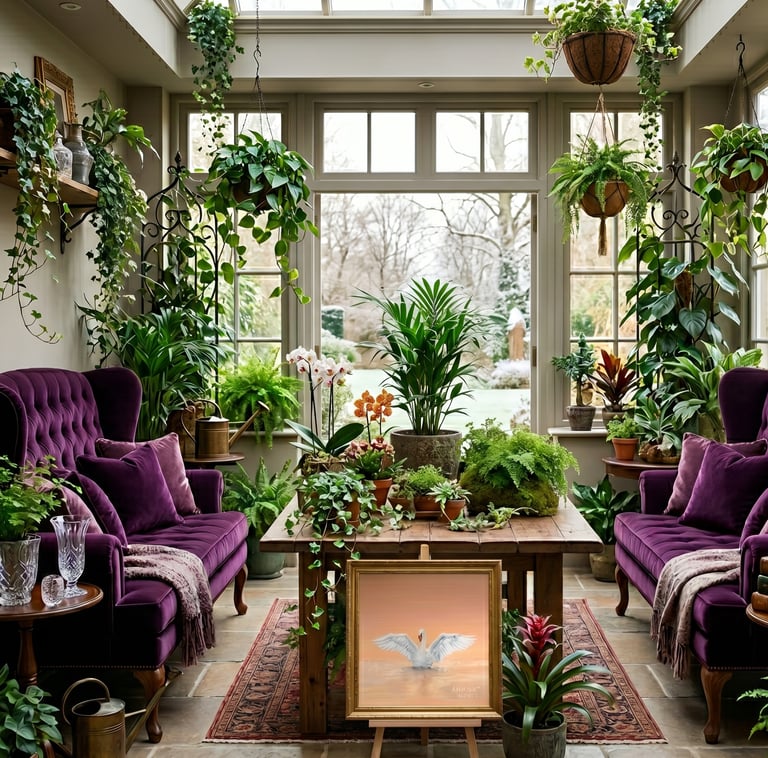 Garden room with plants and swan oil painting