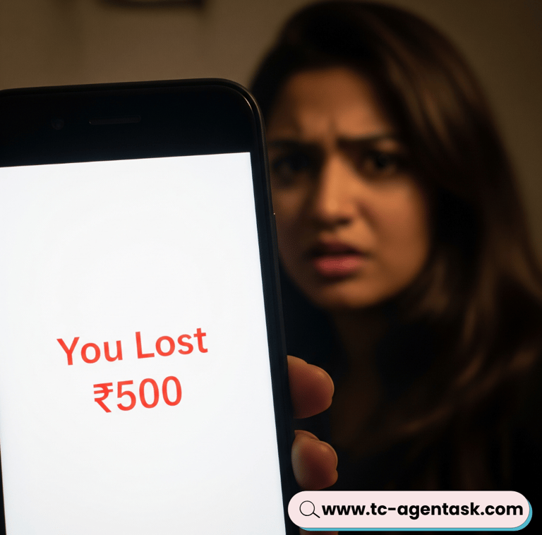 a woman holding a phone with a message you lost $ 500