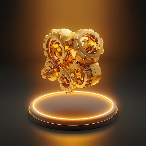 3D zlatni zupčanici kao simbol timskog rada za Gold rođendanski paket u Exploroom escape room-u.