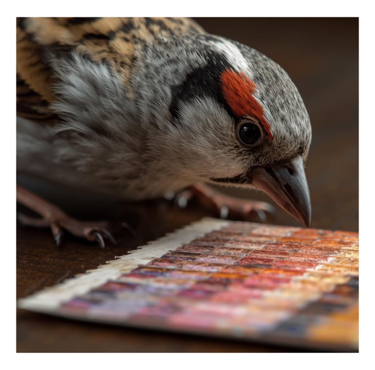 A sparrow examining color swatches and branding elements, for brand clarity and visual identity