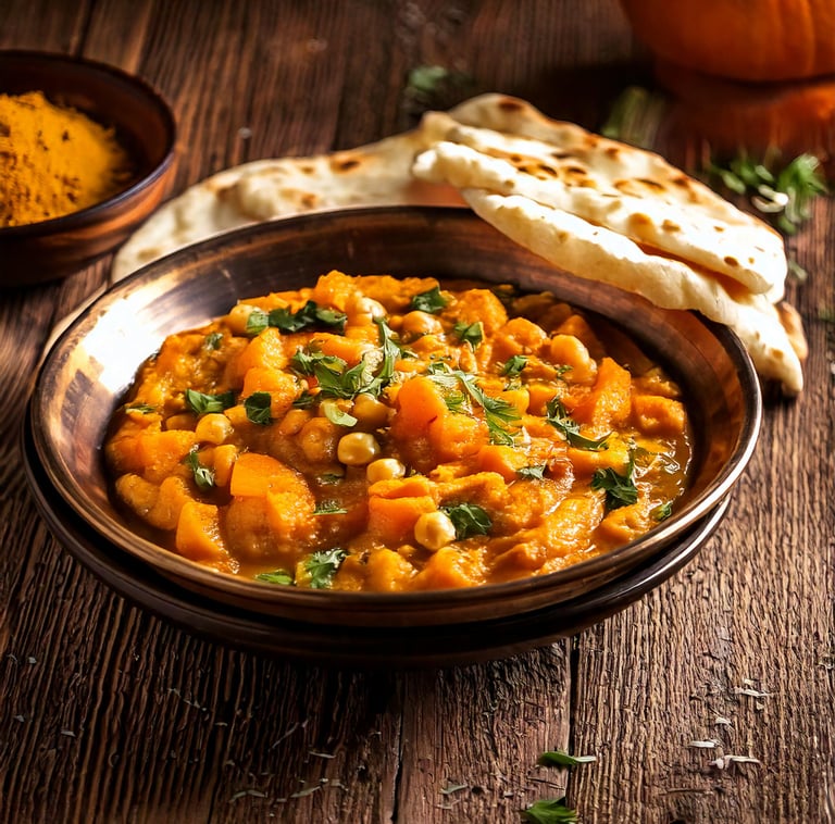 a bowl of kumro chola with naan bread