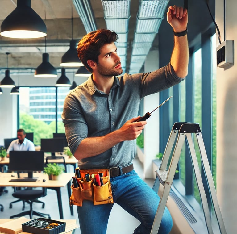 A handyman repairing an office light fixture in a modern London workspace.
