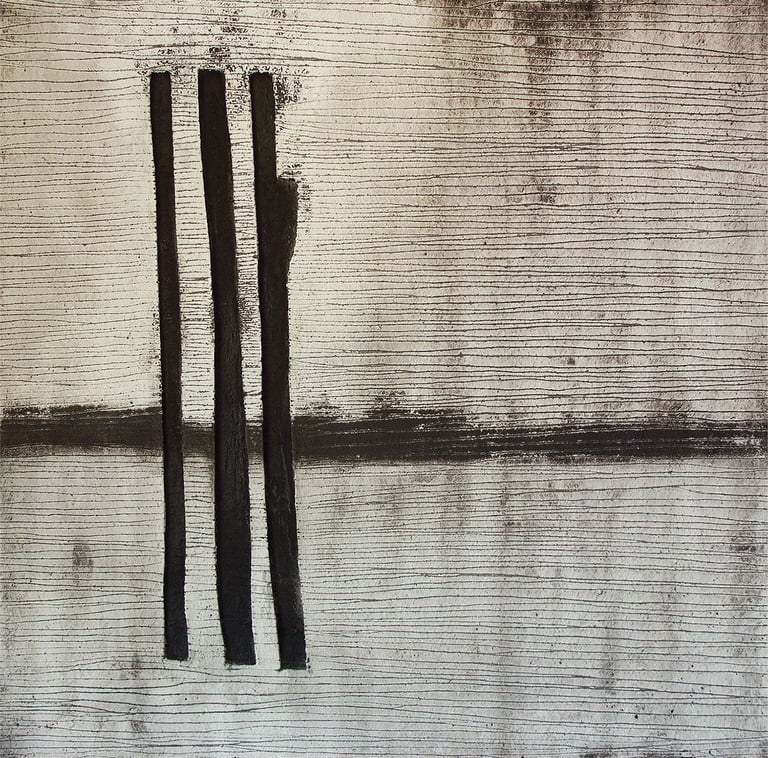 Minimalist abstract painting with black vertical bars and textured horizontal lines on a neutral canvas.