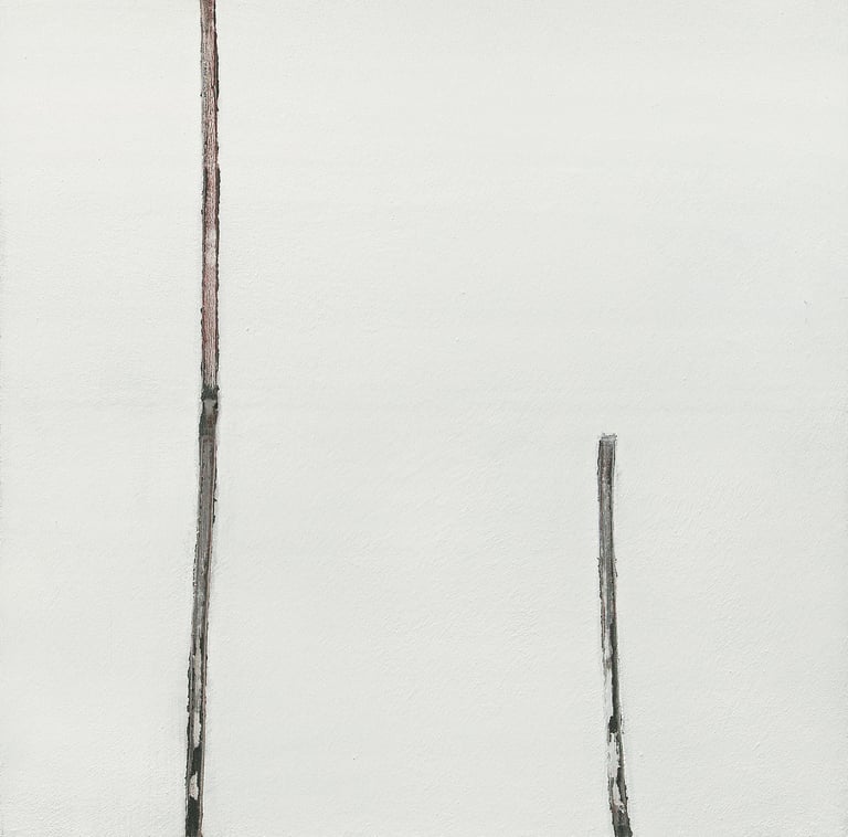 Minimalist abstract art with two vertical black and brown lines on a textured white background.