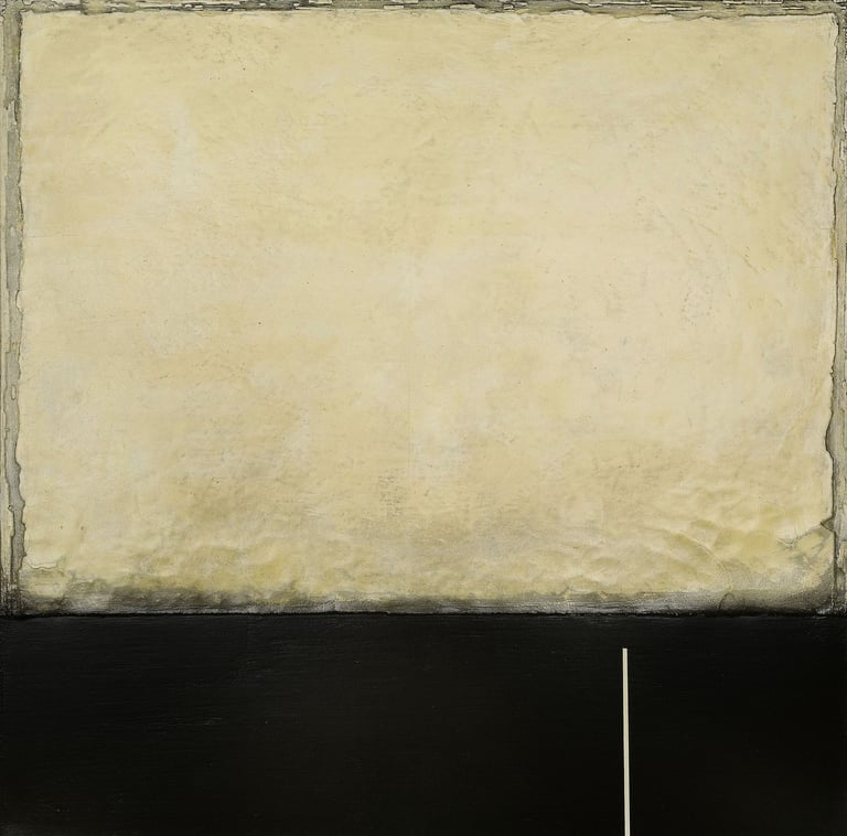 Abstract minimalist painting with a textured beige upper panel over a solid black field with a vertical white line.