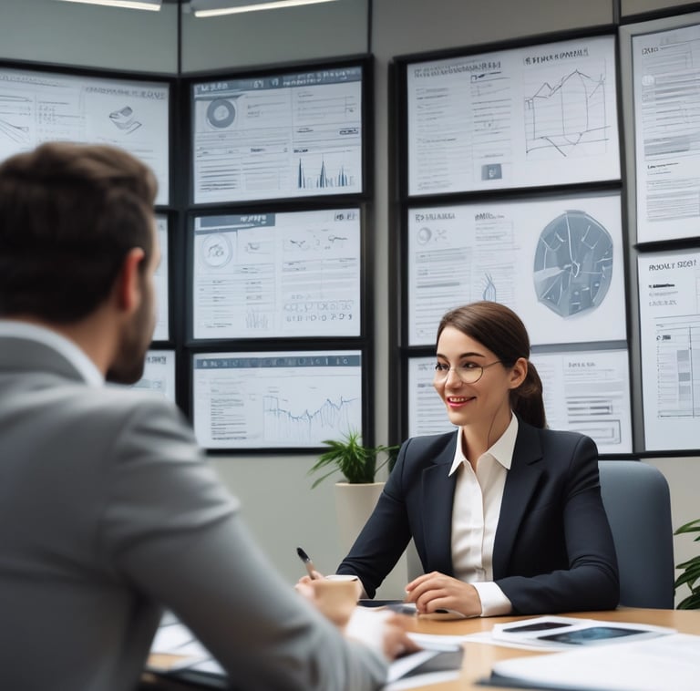 A friendly financial advisor discussing options with a client in a bright, modern office.