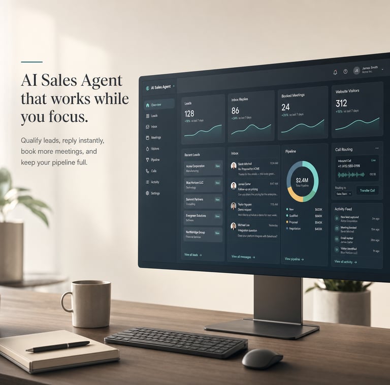 AI sales agent dashboard on a computer monitor displaying lead generation metrics and automated meeting bookings.