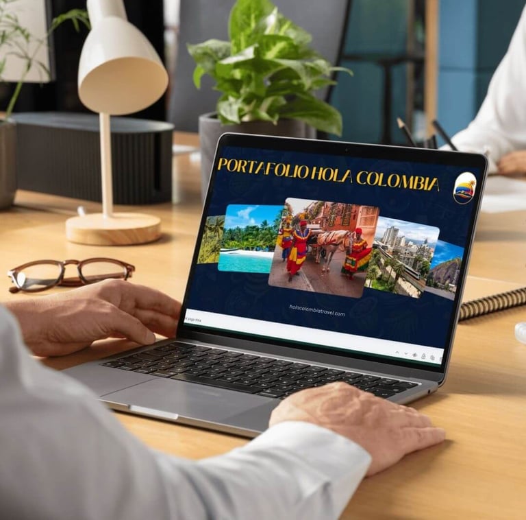 A person viewing a Hola Colombia travel portfolio website on a laptop in a modern office setting.