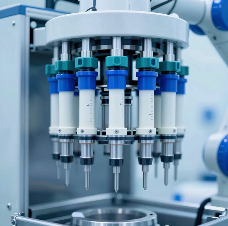Extreme close-up of an automated robotic sterile injectable filling line in an illuminated cleanroom, cool blue lighting, precise mechanical details, 35mm.