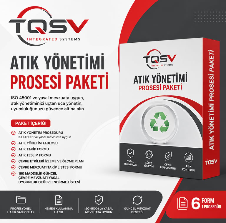 TQSV Atık Yönetimi Prosesi Paketi box featuring ISO 45001 compliance and environmental management forms.