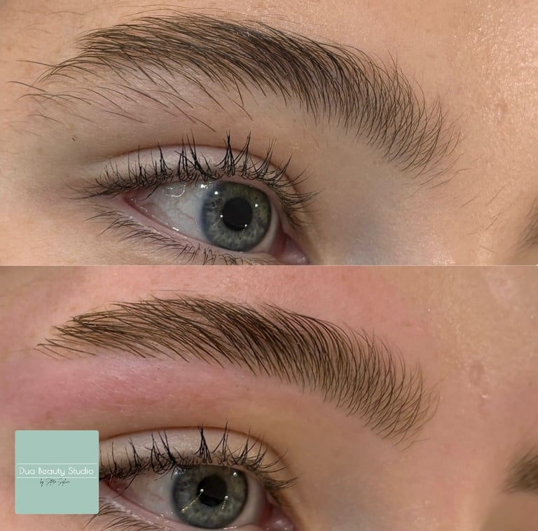 A before and after of waxed and threaded eyebrows and an eye