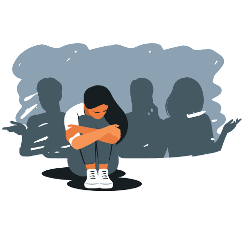 Illustration d'une femme ressentant de l'anxiété sociale et de l'isolement, entourée par des ombres 