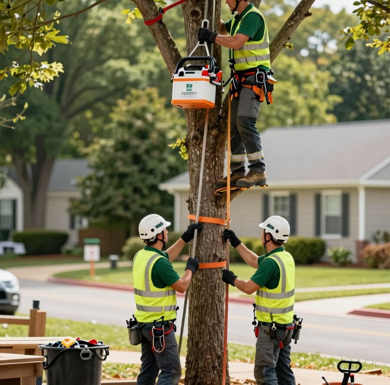 A high-end, clean job site in a suburban Greenville neighborhood. Professional arborists in branded safety gear are using high-quality equipment for precise tree trimming. The composition is clean and organized, with the lush Blue Ridge greenery in the background. The lighting is bright and natural, reflecting professional integrity and a sophisticated, grounded mood, incorporating brand colors #1A2C21 and #F0F4E8.