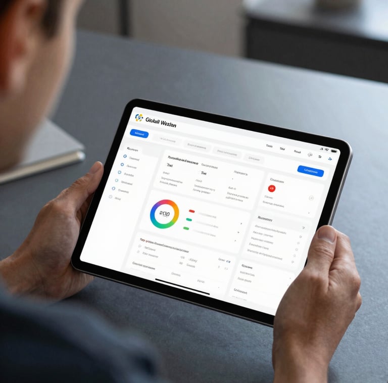 A close-up shot of a professional in a modern Global / Western home office, focused on a sleek tablet screen showing a clean dashboard. The lighting is soft and natural, with hints of charcoal grey and soft steel blue in the surrounding decor, conveying a sense of intelligent curation.