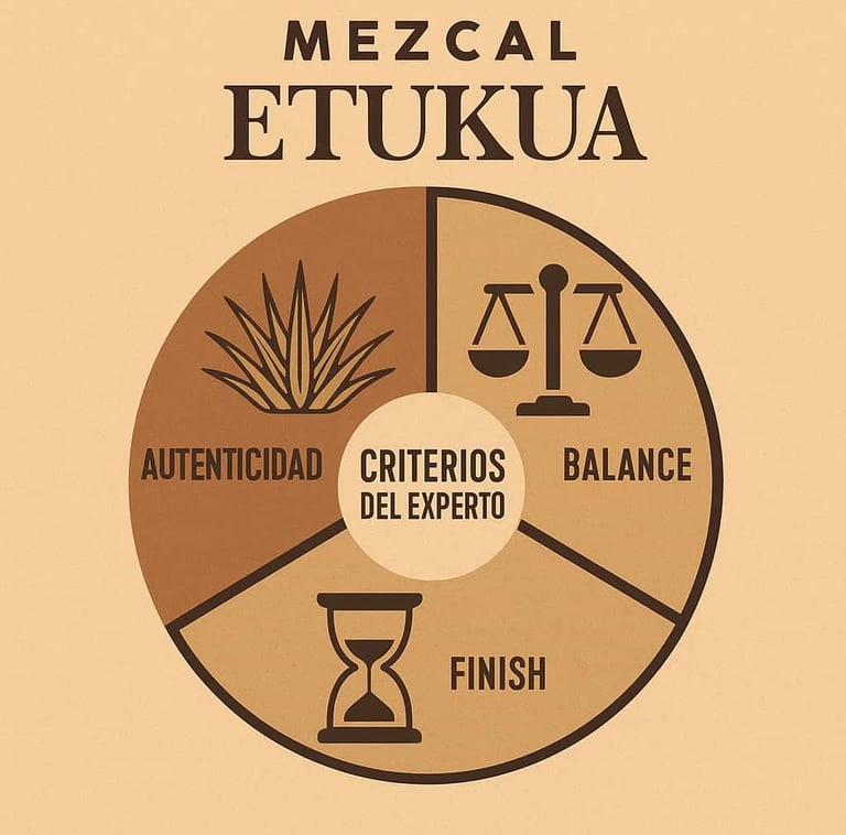 Infografía con tres iconos que representan los criterios de un sommelier: agave (planta), equilibrio