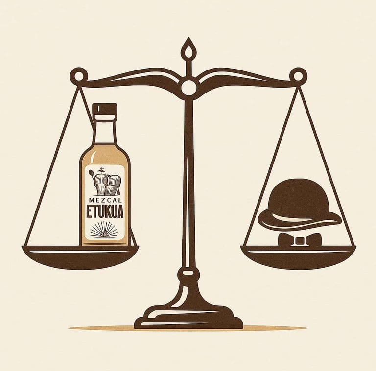 Imagen conceptual de una balanza equilibrando una botella de mezcal y un sombrero de sommelier.