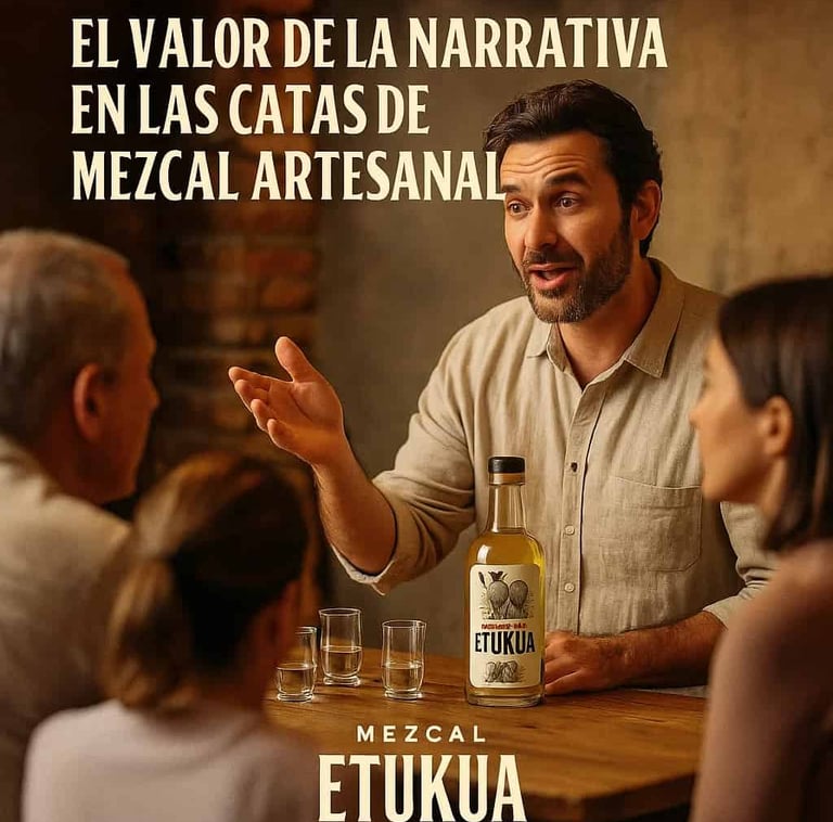Un sommelier contando una historia a un pequeño grupo durante una cata de mezcal Etukua, con expresi